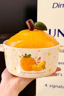 Cute Apple Ceramic Instant Noodle Bowl with Lid and Handle - Aesthetic Design for Dorm Room, Perfect for Instant and Snail Noodles