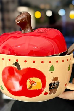 Cute Apple Ceramic Instant Noodle Bowl with Lid and Handle - Aesthetic Design for Dorm Room, Perfect for Instant and Snail Noodles