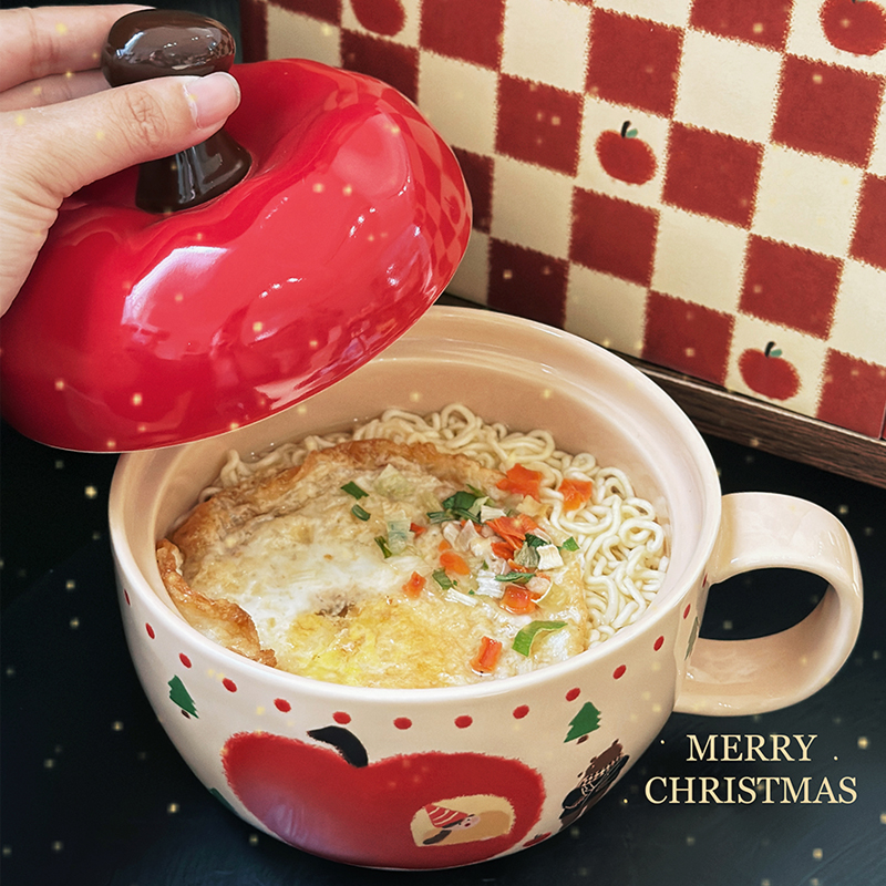 Cute Apple Ceramic Instant Noodle Bowl with Lid and Handle - Aesthetic Design for Dorm Room, Perfect for Instant and Snail Noodles Cute Apple Ceramic Instant Noodle Bowl with Lid and Handle - Aesthetic Design for Dorm Room, Perfect for Instant and Snail Noodles