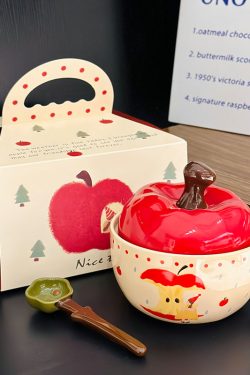 Cute Apple Ceramic Instant Noodle Bowl with Lid and Handle - Aesthetic Design for Dorm Room, Perfect for Instant and Snail Noodles