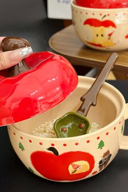Cute Apple Ceramic Instant Noodle Bowl with Lid and Handle - Aesthetic Design for Dorm Room, Perfect for Instant and Snail Noodles