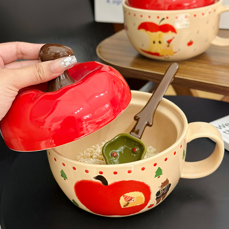 Cute Apple Ceramic Instant Noodle Bowl with Lid and Handle - Aesthetic Design for Dorm Room, Perfect for Instant and Snail Noodles Cute Apple Ceramic Instant Noodle Bowl with Lid and Handle - Aesthetic Design for Dorm Room, Perfect for Instant and Snail Noodles