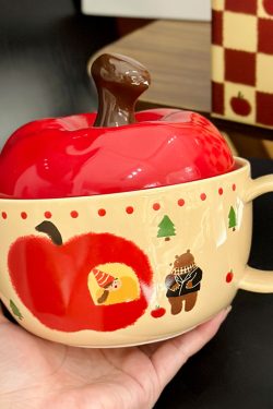 Cute Apple Ceramic Instant Noodle Bowl with Lid and Handle - Aesthetic Design for Dorm Room, Perfect for Instant and Snail Noodles