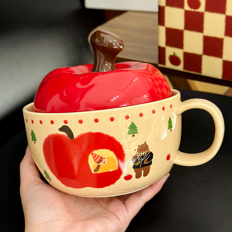 Cute Apple Ceramic Instant Noodle Bowl with Lid and Handle - Aesthetic Design for Dorm Room, Perfect for Instant and Snail Noodles Cute Apple Ceramic Instant Noodle Bowl with Lid and Handle - Aesthetic Design for Dorm Room, Perfect for Instant and Snail Noodles
