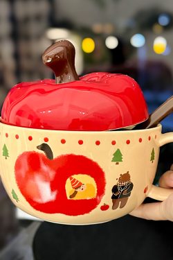 Cute Apple Ceramic Instant Noodle Bowl with Lid and Handle - Aesthetic Design for Dorm Room, Perfect for Instant and Snail Noodles