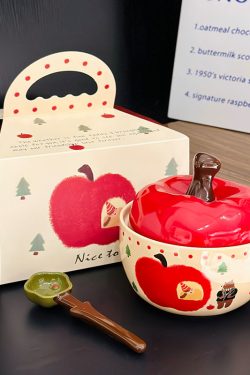 Cute Apple Ceramic Instant Noodle Bowl with Lid and Handle - Aesthetic Design for Dorm Room, Perfect for Instant and Snail Noodles