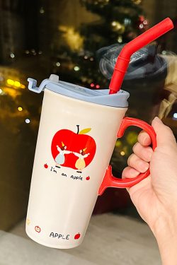 Cute Apple Ceramic Mug with Lid and Straw, Large Capacity Water Cup for Office, Trendy Gift for Girls, Stylish Beverage Container