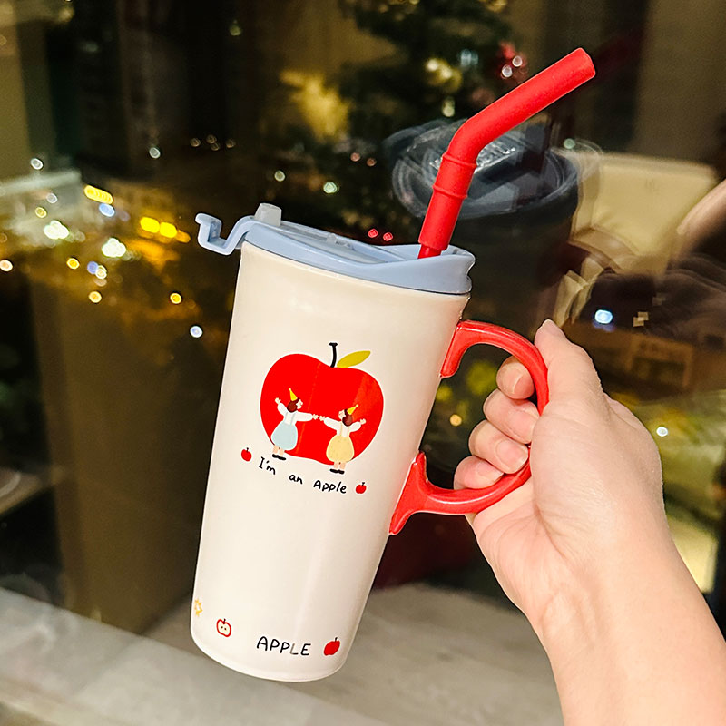 Cute Apple Ceramic Mug with Lid and Straw, Large Capacity Water Cup for Office, Trendy Gift for Girls, Stylish Beverage Container Cute Apple Ceramic Mug with Lid and Straw, Large Capacity Water Cup for Office, Trendy Gift for Girls, Stylish Beverage Container