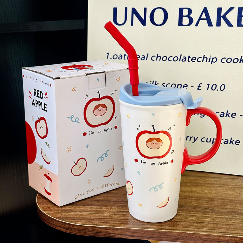 Cute Apple Ceramic Mug with Lid and Straw, Large Capacity Water Cup for Office, Trendy Gift for Girls, Stylish Beverage Container Cute Apple Ceramic Mug with Lid and Straw, Large Capacity Water Cup for Office, Trendy Gift for Girls, Stylish Beverage Container