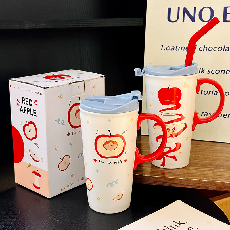Cute Apple Ceramic Mug with Lid and Straw, Large Capacity Water Cup for Office, Trendy Gift for Girls, Stylish Beverage Container Cute Apple Ceramic Mug with Lid and Straw, Large Capacity Water Cup for Office, Trendy Gift for Girls, Stylish Beverage Container