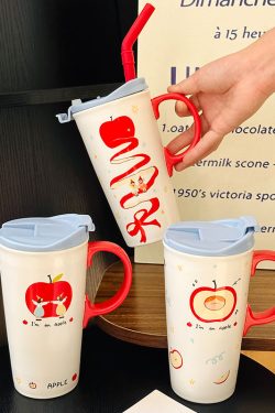Cute Apple Ceramic Mug with Lid and Straw, Large Capacity Water Cup for Office, Trendy Gift for Girls, Stylish Beverage Container