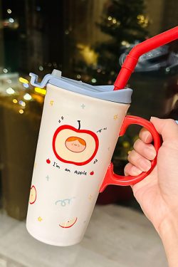 Cute Apple Ceramic Mug with Lid and Straw, Large Capacity Water Cup for Office, Trendy Gift for Girls, Stylish Beverage Container