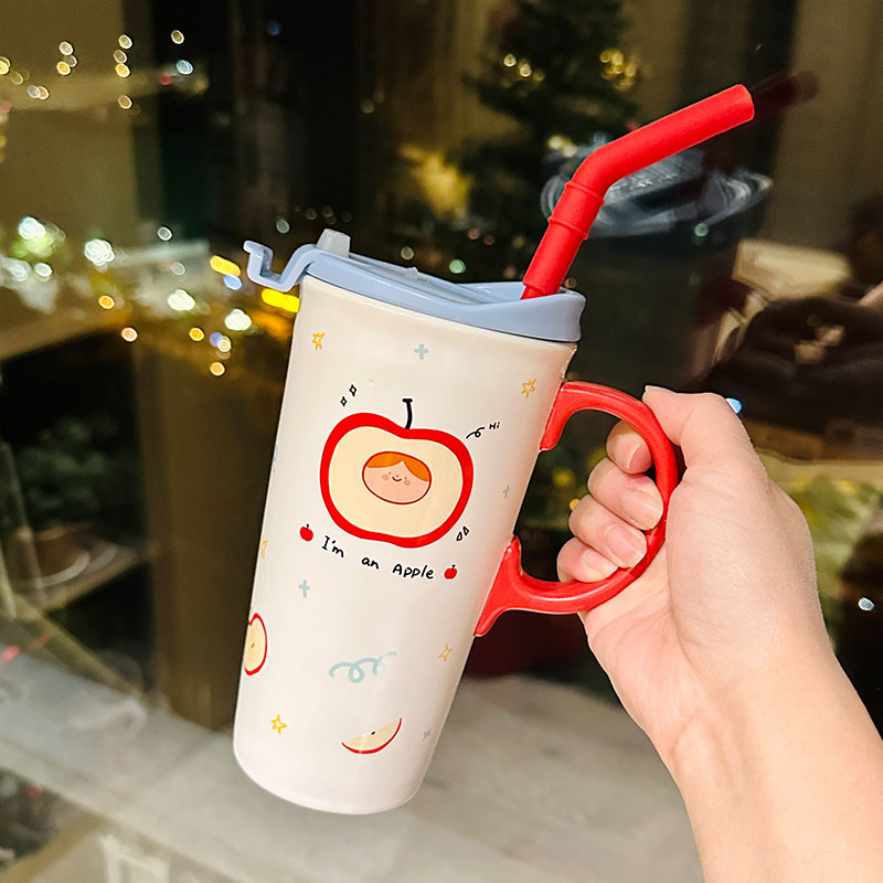 Cute Apple Ceramic Mug with Lid and Straw, Large Capacity Water Cup for Office, Trendy Gift for Girls, Stylish Beverage Container Cute Apple Ceramic Mug with Lid and Straw, Large Capacity Water Cup for Office, Trendy Gift for Girls, Stylish Beverage Container