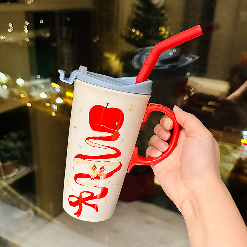 Cute Apple Ceramic Mug with Lid and Straw, Large Capacity Water Cup for Office, Trendy Gift for Girls, Stylish Beverage Container Cute Apple Ceramic Mug with Lid and Straw, Large Capacity Water Cup for Office, Trendy Gift for Girls, Stylish Beverage Container