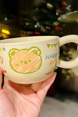 Cute Bear Ceramic Mug with Lid and Spoon, Aesthetic Coffee Cup for Girls, Perfect for Office and Breakfast, Great Birthday Gift