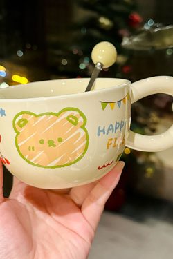 Cute Bear Ceramic Mug with Lid and Spoon, Aesthetic Coffee Cup for Girls, Perfect for Office and Breakfast, Great Birthday Gift