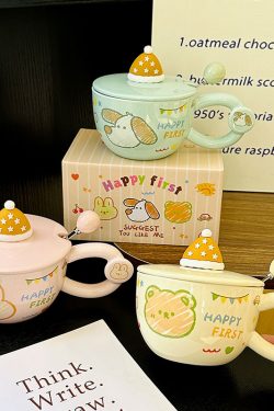 Cute Bear Ceramic Mug with Lid and Spoon, Aesthetic Coffee Cup for Girls, Perfect for Office and Breakfast, Great Birthday Gift