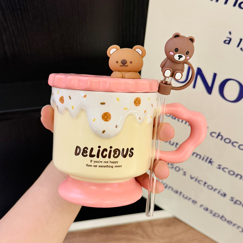 Cute Bear High-Foot Ice Cream Cup Girls' Coffee Mug with Lid and Spoon - Adorable Drinkware for Kids and Y2K Aesthetic Lovers Cute Bear High-Foot Ice Cream Cup Girls' Coffee Mug with Lid and Spoon - Adorable Drinkware for Kids and Y2K Aesthetic Lovers