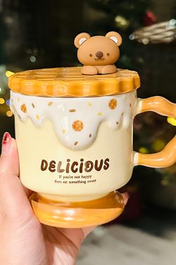 Cute Bear High-Foot Ice Cream Cup Girls' Coffee Mug with Lid and Spoon - Adorable Drinkware for Kids and Y2K Aesthetic Lovers