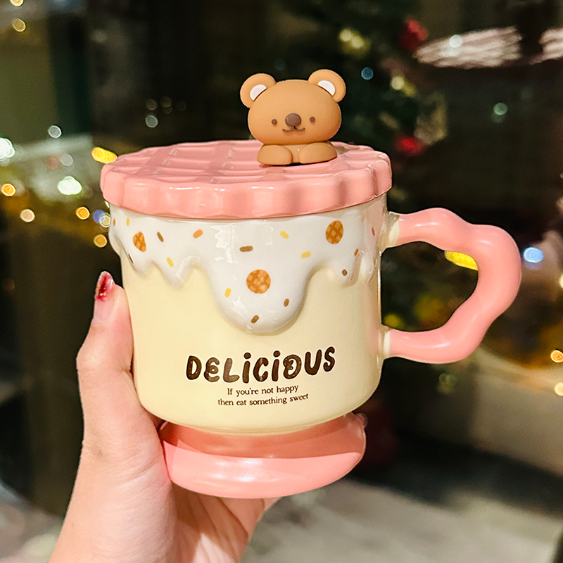Cute Bear High-Foot Ice Cream Cup Girls' Coffee Mug with Lid and Spoon - Adorable Drinkware for Kids and Y2K Aesthetic Lovers Cute Bear High-Foot Ice Cream Cup Girls' Coffee Mug with Lid and Spoon - Adorable Drinkware for Kids and Y2K Aesthetic Lovers