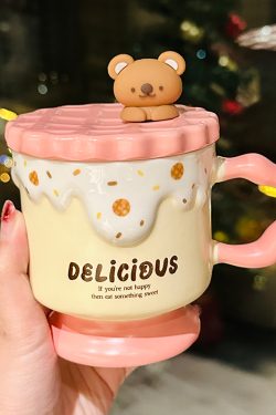 Cute Bear High-Foot Ice Cream Cup Girls' Coffee Mug with Lid and Spoon - Adorable Drinkware for Kids and Y2K Aesthetic Lovers