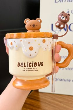 Cute Bear High-Foot Ice Cream Cup Girls' Coffee Mug with Lid and Spoon - Adorable Drinkware for Kids and Y2K Aesthetic Lovers