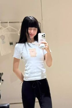 Cute Bear Print Short Fitted Slim Pure Cotton High-Stretch Short Sleeve T-Shirt - 25SS Korean Style Fashion