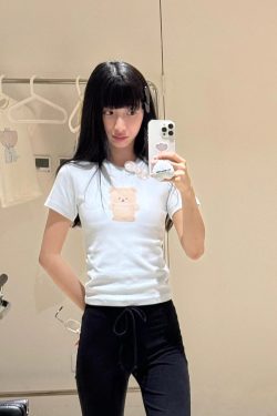 Cute Bear Print Short Fitted Slim Pure Cotton High-Stretch Short Sleeve T-Shirt - 25SS Korean Style Fashion