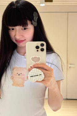 Cute Bear Print Short Fitted Slim Pure Cotton High-Stretch Short Sleeve T-Shirt - 25SS Korean Style Fashion