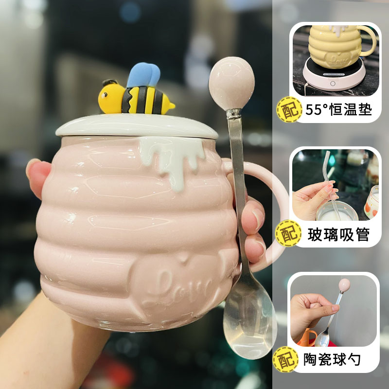 Cute Bee Ceramic Mug with Lid and Spoon - Perfect Breakfast Mug for Girls, Best Friend Birthday Gift, Water and Coffee Cup Cute Bee Ceramic Mug with Lid and Spoon - Perfect Breakfast Mug for Girls, Best Friend Birthday Gift, Water and Coffee Cup