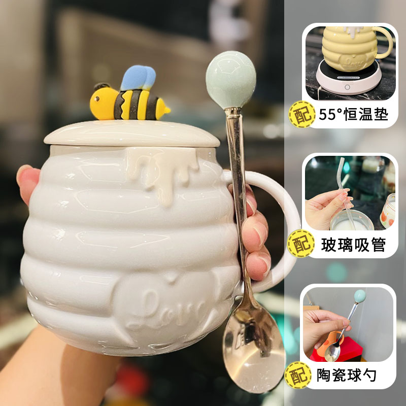 Cute Bee Ceramic Mug with Lid and Spoon - Perfect Breakfast Mug for Girls, Best Friend Birthday Gift, Water and Coffee Cup Cute Bee Ceramic Mug with Lid and Spoon - Perfect Breakfast Mug for Girls, Best Friend Birthday Gift, Water and Coffee Cup