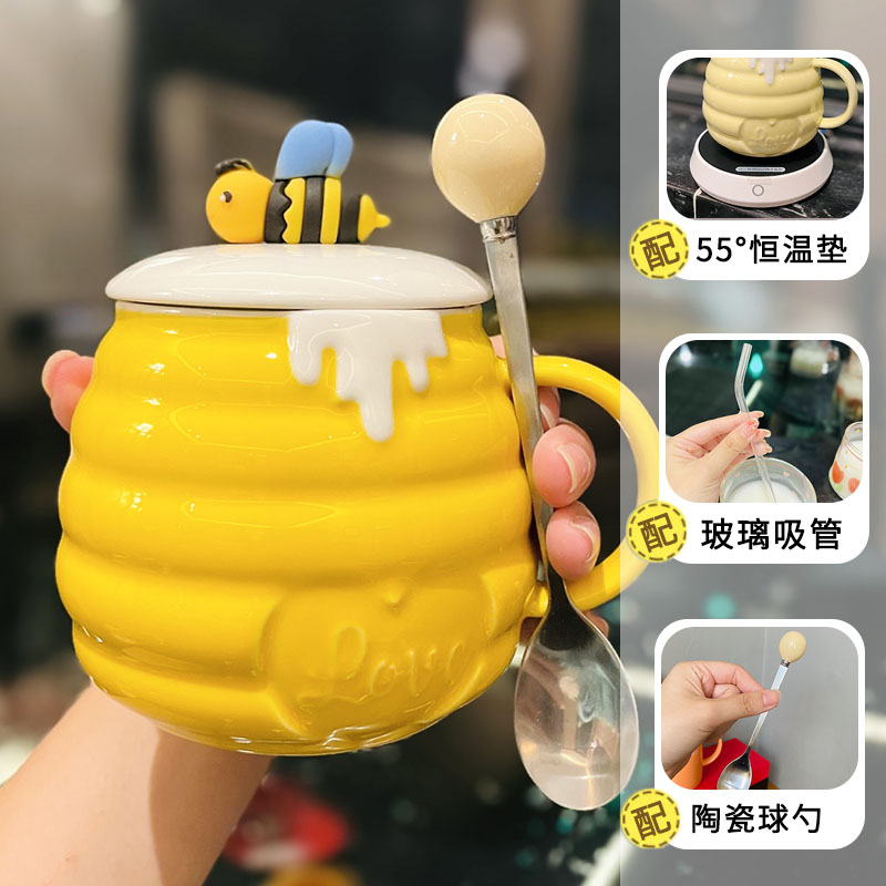 Cute Bee Ceramic Mug with Lid and Spoon - Perfect Breakfast Mug for Girls, Best Friend Birthday Gift, Water and Coffee Cup Cute Bee Ceramic Mug with Lid and Spoon - Perfect Breakfast Mug for Girls, Best Friend Birthday Gift, Water and Coffee Cup