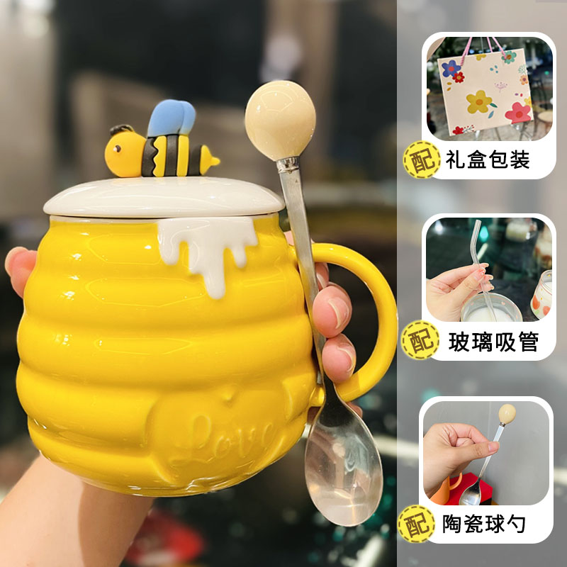 Cute Bee Ceramic Mug with Lid and Spoon - Perfect Breakfast Mug for Girls, Best Friend Birthday Gift, Water and Coffee Cup Cute Bee Ceramic Mug with Lid and Spoon - Perfect Breakfast Mug for Girls, Best Friend Birthday Gift, Water and Coffee Cup