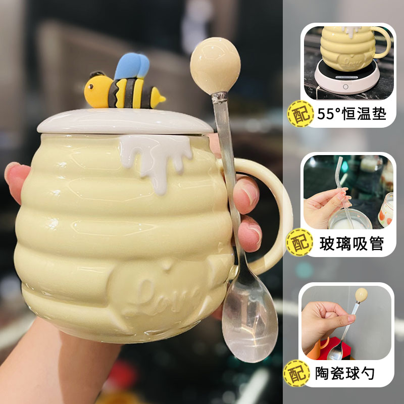 Cute Bee Ceramic Mug with Lid and Spoon - Perfect Breakfast Mug for Girls, Best Friend Birthday Gift, Water and Coffee Cup Cute Bee Ceramic Mug with Lid and Spoon - Perfect Breakfast Mug for Girls, Best Friend Birthday Gift, Water and Coffee Cup