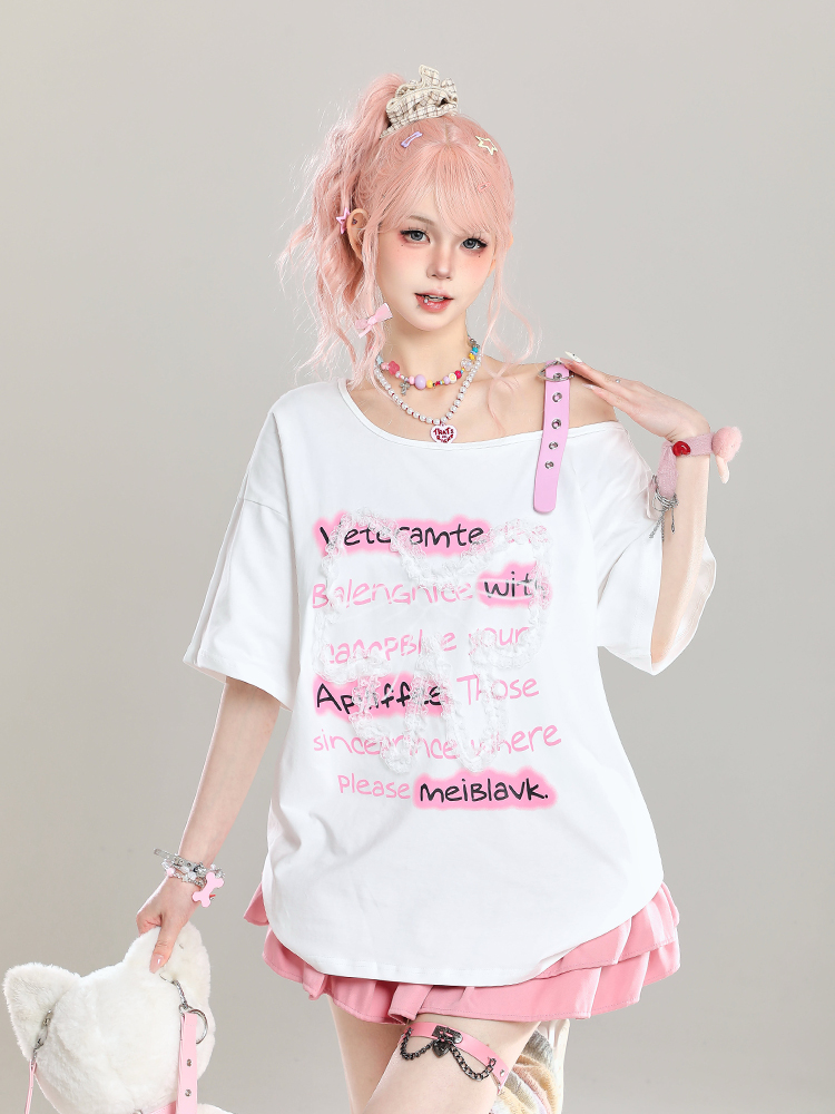 Cute Bow Half-Shoulder Short Sleeve T-Shirt for Women - Summer Loose Off-Shoulder Top, Age-Reducing, Trendy Y2K Style Cute Bow Half-Shoulder Short Sleeve T-Shirt for Women - Summer Loose Off-Shoulder Top, Age-Reducing, Trendy Y2K Style