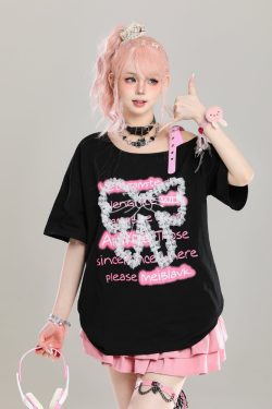 Cute Bow Half-Shoulder Short Sleeve T-Shirt for Women - Summer Loose Off-Shoulder Top, Age-Reducing, Trendy Y2K Style