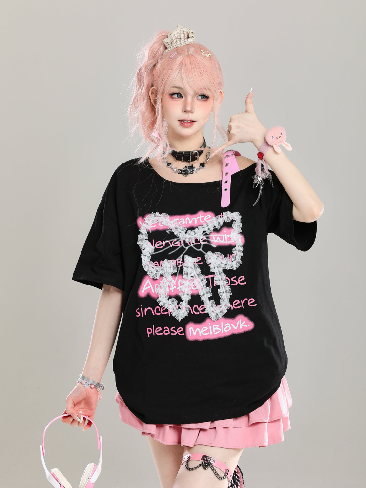 Cute Bow Half-Shoulder Short Sleeve T-Shirt for Women - Summer Loose Off-Shoulder Top, Age-Reducing, Trendy Y2K Style Cute Bow Half-Shoulder Short Sleeve T-Shirt for Women - Summer Loose Off-Shoulder Top, Age-Reducing, Trendy Y2K Style