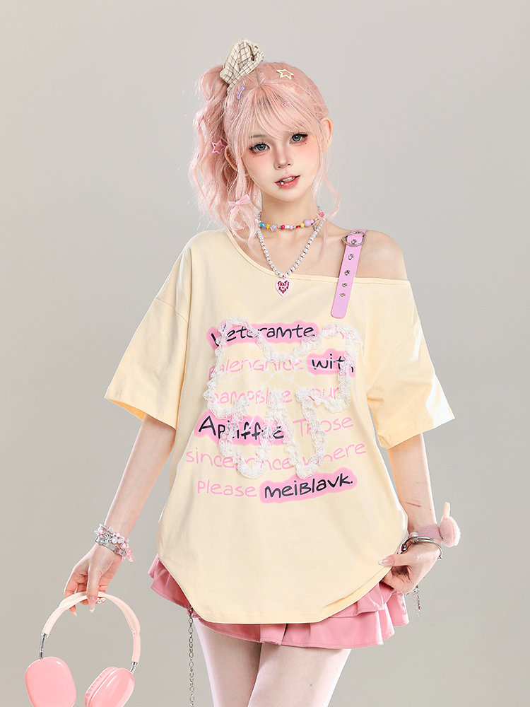 Cute Bow Half-Shoulder Short Sleeve T-Shirt for Women - Summer Loose Off-Shoulder Top, Age-Reducing, Trendy Y2K Style Cute Bow Half-Shoulder Short Sleeve T-Shirt for Women - Summer Loose Off-Shoulder Top, Age-Reducing, Trendy Y2K Style