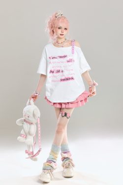 Cute Bow Half-Shoulder Short Sleeve T-Shirt for Women - Summer Loose Off-Shoulder Top, Age-Reducing, Trendy Y2K Style