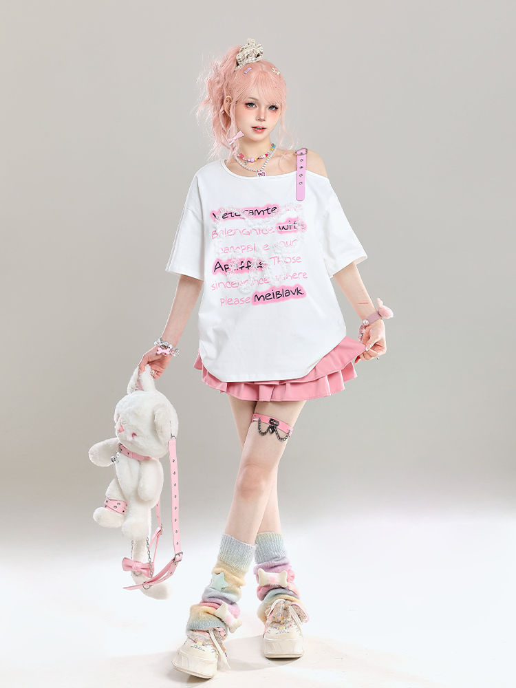 Cute Bow Half-Shoulder Short Sleeve T-Shirt for Women - Summer Loose Off-Shoulder Top, Age-Reducing, Trendy Y2K Style Cute Bow Half-Shoulder Short Sleeve T-Shirt for Women - Summer Loose Off-Shoulder Top, Age-Reducing, Trendy Y2K Style