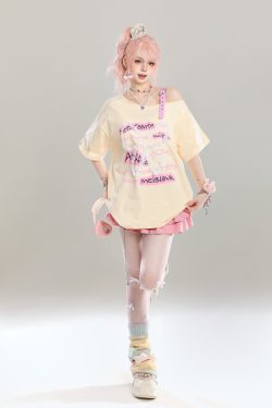 Cute Bow Half-Shoulder Short Sleeve T-Shirt for Women - Summer Loose Off-Shoulder Top, Age-Reducing, Trendy Y2K Style