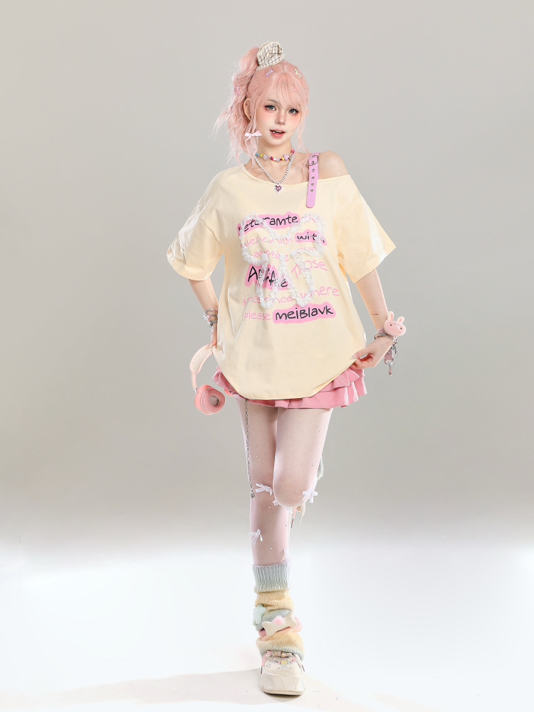 Cute Bow Half-Shoulder Short Sleeve T-Shirt for Women - Summer Loose Off-Shoulder Top, Age-Reducing, Trendy Y2K Style Cute Bow Half-Shoulder Short Sleeve T-Shirt for Women - Summer Loose Off-Shoulder Top, Age-Reducing, Trendy Y2K Style