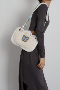 Cute Butterfly Plush Woven Shoulder Bag with Tulip Floral Design - Casual Crossbody Style for Everyday Use
