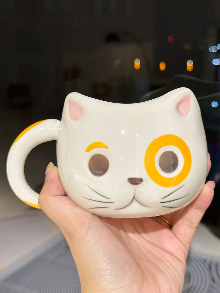 Cute Cartoon Ceramic Water Cup - Adorable Girl Heart Cat Mug for Home, Breakfast, Oatmeal - Soft and Healing Design Cute Cartoon Ceramic Water Cup - Adorable Girl Heart Cat Mug for Home, Breakfast, Oatmeal - Soft and Healing Design