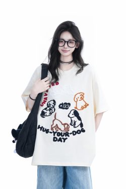 Cute Cartoon Dog Embroidered Short-Sleeve T-Shirt for Women - Summer Loose Pure Cotton Tee, Trendy 90s Style