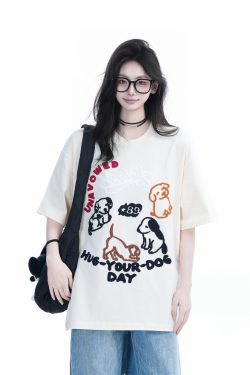 Cute Cartoon Dog Embroidered Short-Sleeve T-Shirt for Women - Summer Loose Pure Cotton Tee, Trendy 90s Style