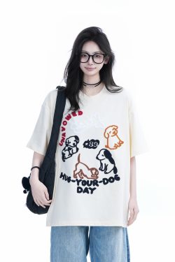 Cute Cartoon Dog Embroidered Short-Sleeve T-Shirt for Women - Summer Loose Pure Cotton Tee, Trendy 90s Style