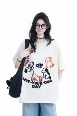 Cute Cartoon Dog Embroidered Short-Sleeve T-Shirt for Women - Summer Loose Pure Cotton Tee, Trendy 90s Style