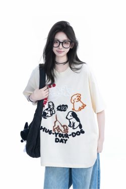 Cute Cartoon Dog Embroidered Short-Sleeve T-Shirt for Women - Summer Loose Pure Cotton Tee, Trendy 90s Style