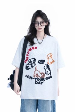 Cute Cartoon Dog Embroidered Short-Sleeve T-Shirt for Women - Summer Loose Pure Cotton Tee, Trendy 90s Style